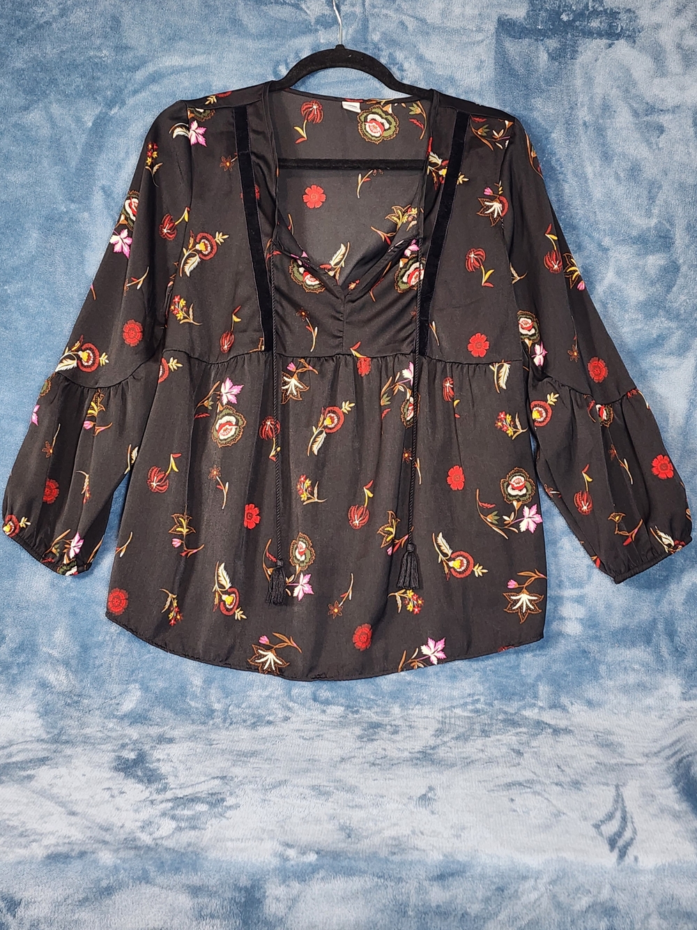 Black Floral Peasant Blouse with Tassel Tie